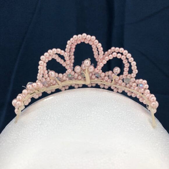 American VINTAGE 90's Handmade Mini Tiara Beaded with Pearl Pink Crystal Beads - Picture 4 of 4